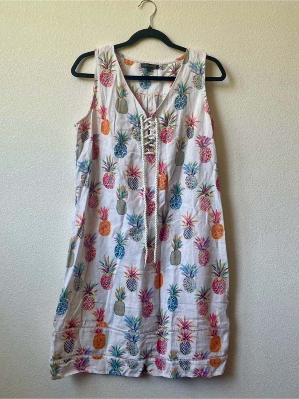 Large For Cynthia White Pineapple Print Linen Blend Sleeveless Dress